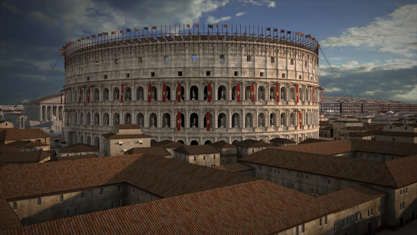 the Roman Colosseum, capturing its grandeur, ancient architecture, and the historic heart of Rome in cinematic light. aerial flight around the Flavian Amphitheatre. 
