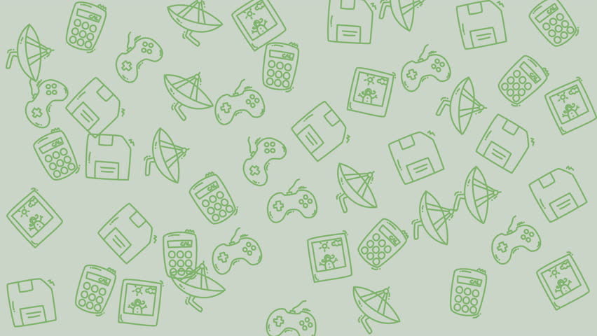 Vintage technology icons like floppy disks and calculators, great for design projects needing a retro tech theme. Perfect for nostalgic designs.
