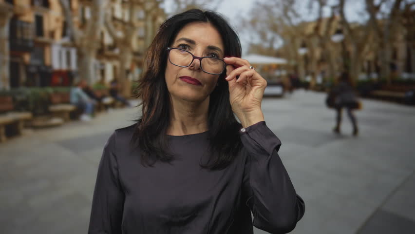 Middle aged hispanic woman holding eyeglasses near her face on a paved city street with blurred buildings; reflection contemplation thought introspection.