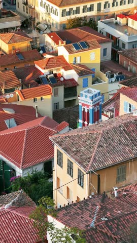 Scenic high angle view of the city of Nafplion on the Peloponnese Peninsula in Greece