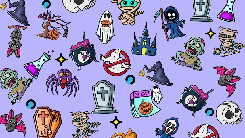 Doodle halloween pattern themed cartoon stickers doodled on a soft light purple background.