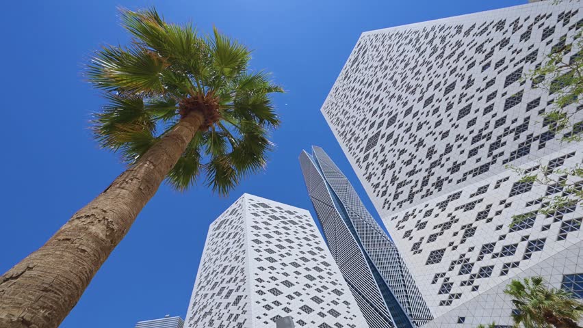 Elegant modern office buildings surrounded by palm trees in Riyadh, Saudi Arabia. A stunning view of urban growth blending architecture, business, and nature in the heart of the capital city.
