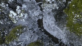 A stunning aerial top view of a snow-covered Patagonian forest with a winding river running through it, captured in Villa La Angostura, Argentina. The cinematic shot highlights the natural contrast be - Powered by Shutterstock - Get 15% off with code: PIKWIZARD15