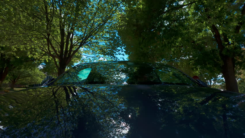 A car roof reflecting a bright blue sky with fluffy white clouds and trees on a summer day. Reflections gliding across the shiny car while driving on the residential street
