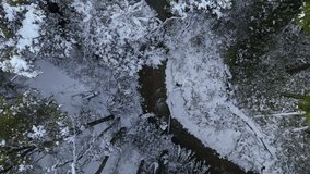 A stunning aerial top view of a snow-covered Patagonian forest with a winding river running through it, captured in Villa La Angostura, Argentina. The cinematic shot highlights the natural contrast be - Powered by Shutterstock - Get 15% off with code: PIKWIZARD15