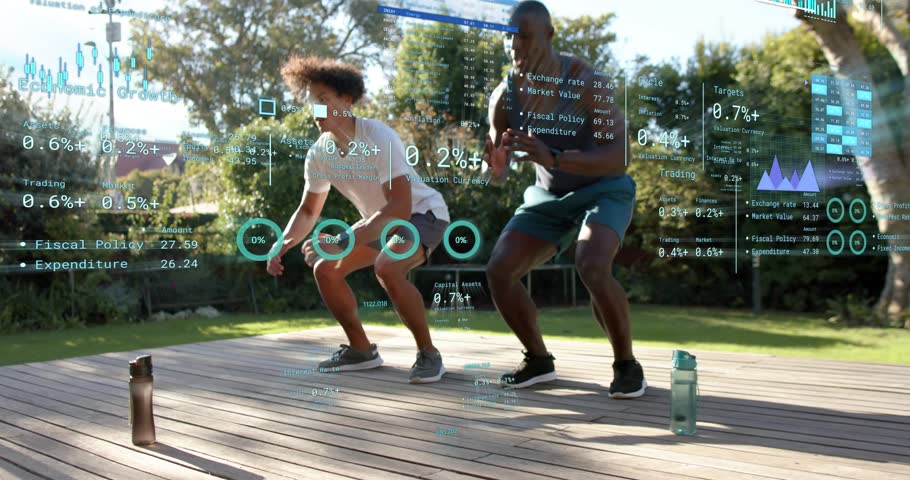 Workout partners lowering into squat and jumping while tracking fitness metrics on digital overlays. Fitness, training, outdoor, biomechanics, vitality, synchronization, progress