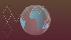 Animation of rotating globe and looping triangles over abstract pattern in background. Digitally generated, hologram, globalization, shape, illustration, vector and technology concept. - Powered by Shutterstock - Get 15% off with code: PIKWIZARD15