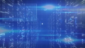 Animation of connected icons, bars, lens flares and computer language on blue background. Digitally generated, hologram, illuminated, cloud computing, coding, technology and network server concept. - Powered by Shutterstock - Get 15% off with code: PIKWIZARD15