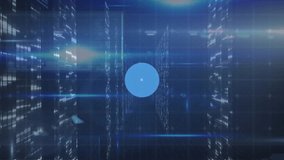 Animation of connected icons, falling bars, programming language and lens flares on blue background. Digitally generated, hologram, illuminated, communication, coding and technology concept. - Powered by Shutterstock - Get 15% off with code: PIKWIZARD15