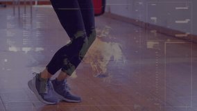 Animation of globe, loading bars and connected dots over map on caucasian female boxer skipping rope. Digital composite, multiple exposure, globalization, progress, sports and competition concept. - Powered by Shutterstock - Get 15% off with code: PIKWIZARD15