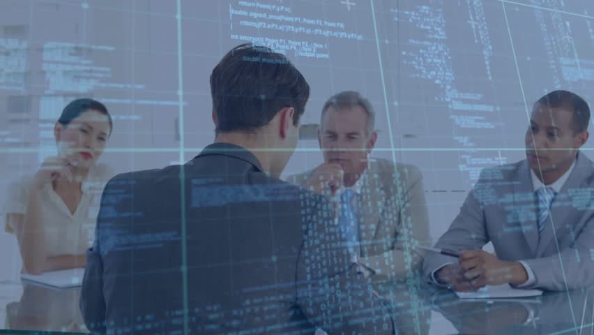 Animation of computer language, graph and trading board, diverse hr managers taking interview of man. Digital composite, multiple exposure, stock market, coding, discussion and technology concept. - Powered by Shutterstock - Get 15% off with code: PIKWIZARD15