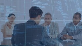 Animation of computer language, graph and trading board, diverse hr managers taking interview of man. Digital composite, multiple exposure, stock market, coding, discussion and technology concept. - Powered by Shutterstock - Get 15% off with code: PIKWIZARD15