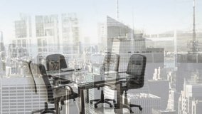 Animation of cityscape over diverse business people working at office. Global business, finances and digital interface concept digitally generated video. - Powered by Shutterstock - Get 15% off with code: PIKWIZARD15