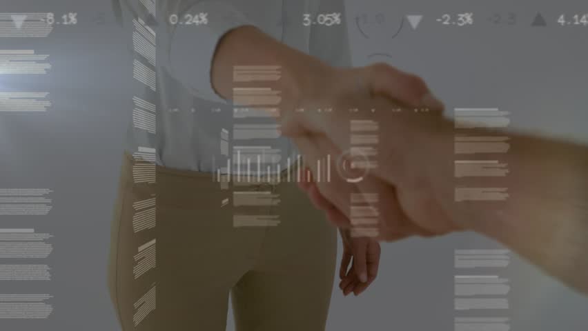 In a business meeting, two people agree to a deal and shake hands to seal it. Global business finances and data processing concept digitally generated video. - Powered by Shutterstock - Get 15% off with code: PIKWIZARD15