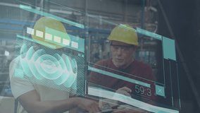 Animation of data processing over two male engineers discussing at factory against city traffic. Computer interface and business technology concept - Powered by Shutterstock - Get 15% off with code: PIKWIZARD15