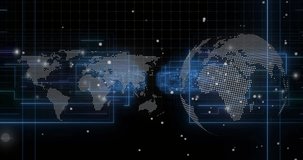 Upon dotted map and rotating globe appearance, code scrolling, particles drifting showing data flow. Technology, data visualization, digital interface, global connectivity, network, futuristic, - Powered by Shutterstock - Get 15% off with code: PIKWIZARD15