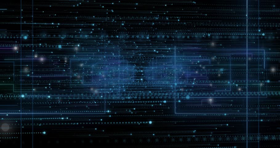 Scrolling data lines initiating clusters pulsating neon-blue frame tracing orbs visualizing network. Futuristic, technology, digital, neon, network, abstract, cyber