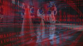 Six players responding to red binary overlay and performing basketball dribbling drills behind cone. Sports, teamwork, agility, digital, training, movement, exercise - Powered by Shutterstock - Get 15% off with code: PIKWIZARD15