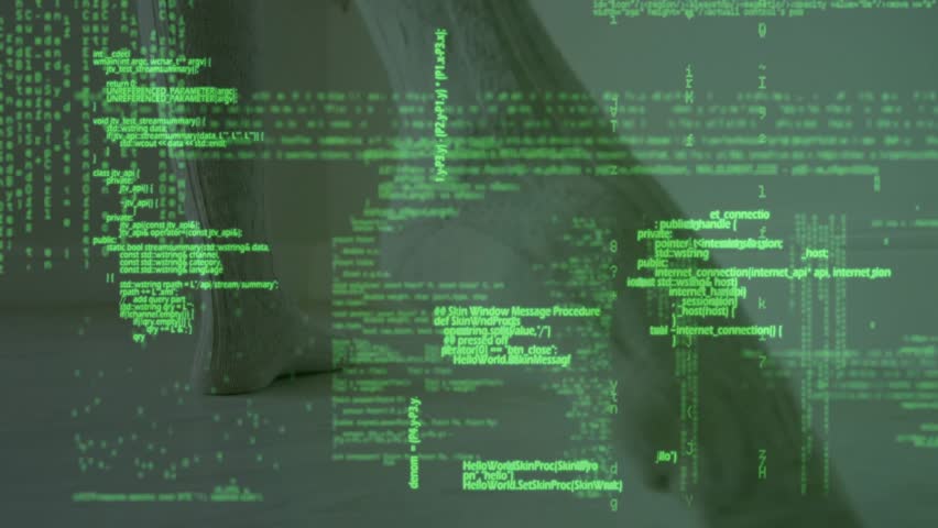 Mid-adult woman walking across white set, starting green code rain covering feet for data analytics. Futuristic, digital, technology, motion, minimalism, cyber, virtual