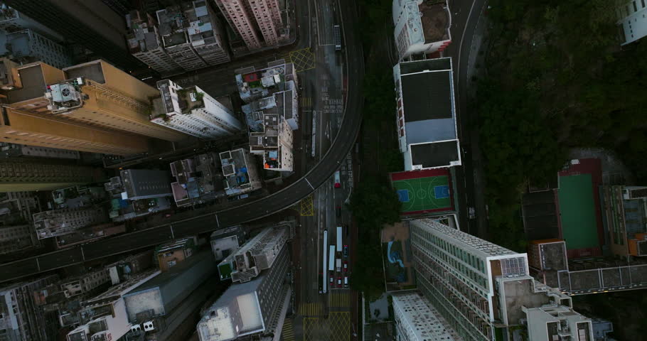Bird's Eye View Over Downtown Hong Kong At Sunrise - Drone Shot