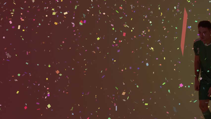 Soccer player entering as confetti falls trapping incoming ball then showcasing high overhead kick. Athleticism, celebration, motion, vibrant, action, sports, performance