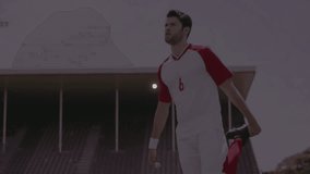 Fitness soccer athlete lifting foot for quad stretch on stadium pitch, shards swirling around body. Athlete, sports, fitness, motion, futuristic, digital, geometric - Powered by Shutterstock - Get 15% off with code: PIKWIZARD15