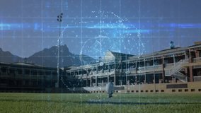 Male soccer player striking ball on tee, initiating pulsing data visualization in sports technology. Athletics, teamwork, innovation, digital, outdoor, energy, competition - Powered by Shutterstock - Get 15% off with code: PIKWIZARD15