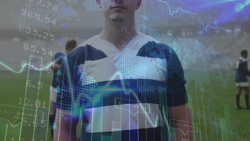 Rugby player standing facing camera while teammates jogging initiating metrics sliding across turf. Athletic, teamwork, sports, performance, data visualization, fitness, training - Powered by Shutterstock - Get 15% off with code: PIKWIZARD15