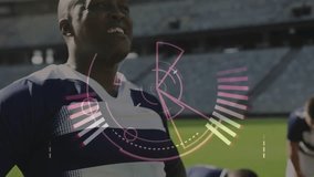 Male athlete breathing, bending on grass using data overlay tracking metrics for sports training. Athlete, teamwork, innovation, fitness, technology, training, sport - Powered by Shutterstock - Get 15% off with code: PIKWIZARD15