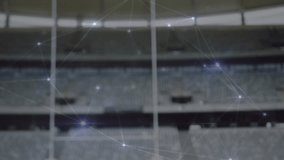 Network nodes pulsing and drifting, rugby ball emerging on red tee highlighting kick spot on field. Stadium, sports, athletic, technology, network, digital, competition - Powered by Shutterstock - Get 15% off with code: PIKWIZARD15