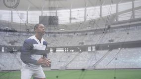 Male athlete reacting to data overlay appearing while squatting and lifting arms tracking ball tech. Sports, technology, analysis, performance, stadium, innovation, fitness - Powered by Shutterstock - Get 15% off with code: PIKWIZARD15