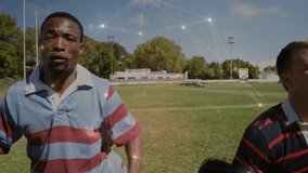 Rugby teammates sprinting on pitch after toss lifting jumper securing ball with animated sparkles. Teamwork, athleticism, competition, vigor, motion, outdoor, dynamic - Powered by Shutterstock - Get 15% off with code: PIKWIZARD15