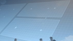 Rugby teammates running as center player scooping ball, initiating HUD analytics for pass tracking. Athletics, teamwork, digital, futuristic, sports, motion, outdoor - Powered by Shutterstock - Get 15% off with code: PIKWIZARD15