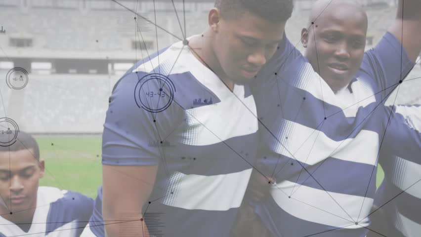Six rugby players in striped jerseys linking arms on grass, preparing scrum formation at stadium. Teamwork, cohesion, athleticism, sportsmanship, intensity, discipline, collaboration - Powered by Shutterstock - Get 15% off with code: PIKWIZARD15