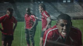 Rugby athletes standing on pitch, HUD graphics appearing, foreground athlete projecting motivation. Athletics, teamwork, competition, leadership, innovation, motivation, sportsmanship - Powered by Shutterstock - Get 15% off with code: PIKWIZARD15