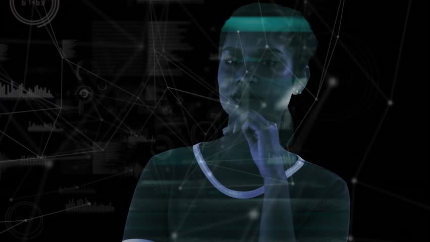 Girl placing hand under chin initiating holographic tech network lines for focused data analysis. Futuristic, technology, innovation, data, visualization, interface, digital - Powered by Shutterstock - Get 15% off with code: PIKWIZARD15