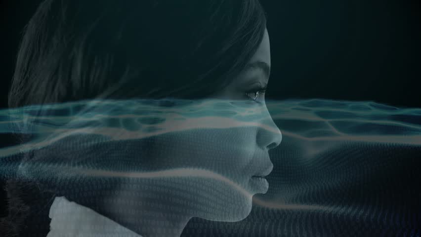 Female profile hosting waveform entering left, initiating tech data display with shifting colors. Futuristic, digital, technology, innovation, abstract, minimalistic, data visualization - Powered by Shutterstock - Get 15% off with code: PIKWIZARD15