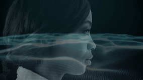 Female profile hosting waveform entering left, initiating tech data display with shifting colors. Futuristic, digital, technology, innovation, abstract, minimalistic, data visualization - Powered by Shutterstock - Get 15% off with code: PIKWIZARD15