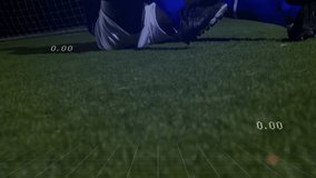 Soccer player falling onto turf pressing knee showing sports metrics overlay smiling raising arm. Athlete, sports technology, injury, athletic performance, stadium, digital analytics, victory - Powered by Shutterstock - Get 15% off with code: PIKWIZARD15