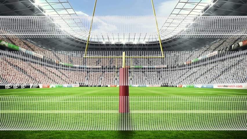 Opening grid lines sweeping upward past red padding uprights dissolving visualizing data scanning. Stadium, architecture, minimalistic, sports, visualization, digital, modern