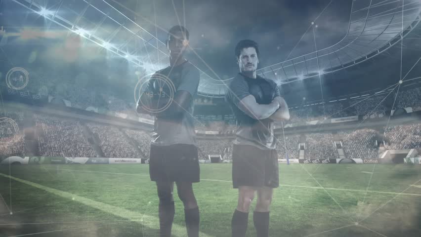 Soccer players entering floodlit field driving animated HUD scanning kits for performance analysis. Stadium, sporting, technology, competitive, teamwork, digital, modern - Powered by Shutterstock - Get 15% off with code: PIKWIZARD15