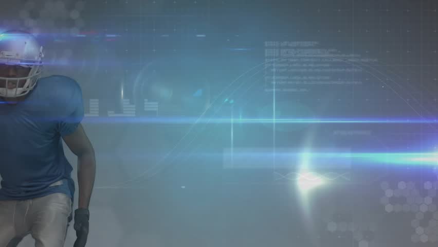 Football player running to pass ball, activating nodes linking into expanding tech network overlay. Athlete, digital, futuristic, data, visualization, motion, sportswear - Powered by Shutterstock - Get 15% off with code: PIKWIZARD15