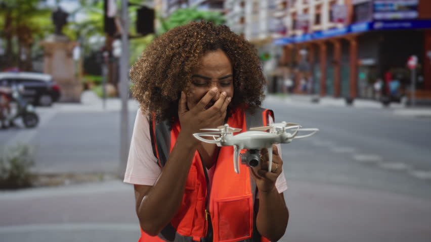 Woman technician wearing orange safety vest holding a small drone with both hands and smiling on a city street; urban innovation joy.