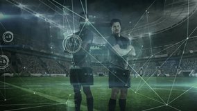 Lights igniting field, two teammates shifting stance while data nodes forming for soccer analytics. Sports, analytics, futurism, technology, team, competition, digital - Powered by Shutterstock - Get 15% off with code: PIKWIZARD15