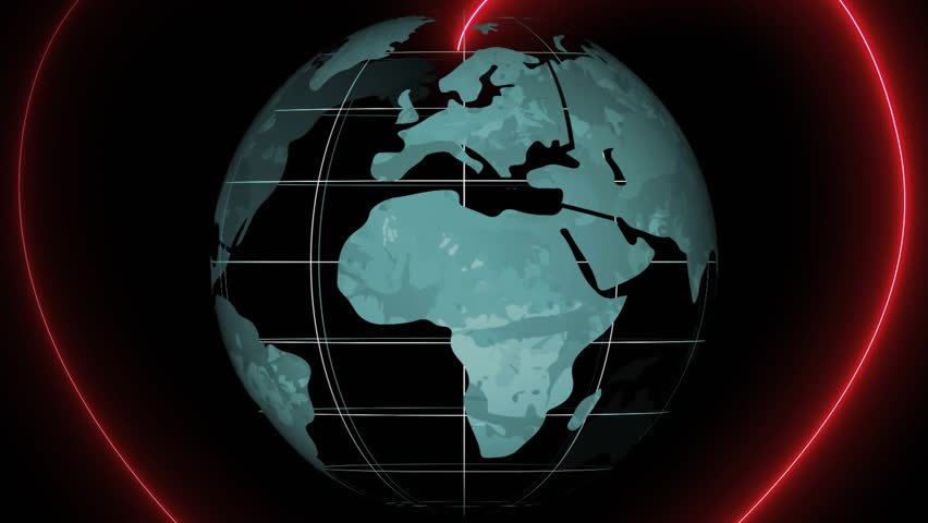 3D Earth appearing on black void, rotating, forming neon heart, tracing red route showing love. Sustainability, connectivity, innovation, global, futuristic, digital, technology