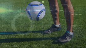 male player's legs tapping ball upward, balancing and keeping ball aloft under analytics overlay. Athletic, sports, training, biomechanics, technology, performance, fitness - Powered by Shutterstock - Get 15% off with code: PIKWIZARD15