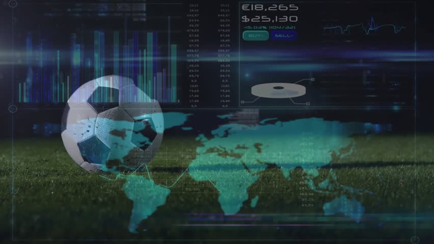 UI price updating and bar charts pulsing starting soccer ball rotating and boot approaching. Futuristic, analytics, sport, motion, technology, data visualization, dynamic - Powered by Shutterstock - Get 15% off with code: PIKWIZARD15