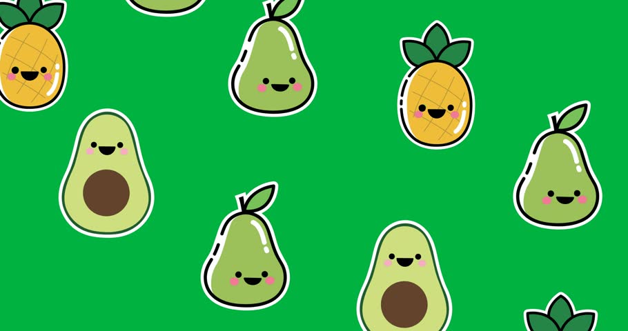 Multiple avocado, guava and pineapple icons moving in seamless pattern against black background. food and restaurant vector illustration and art concept