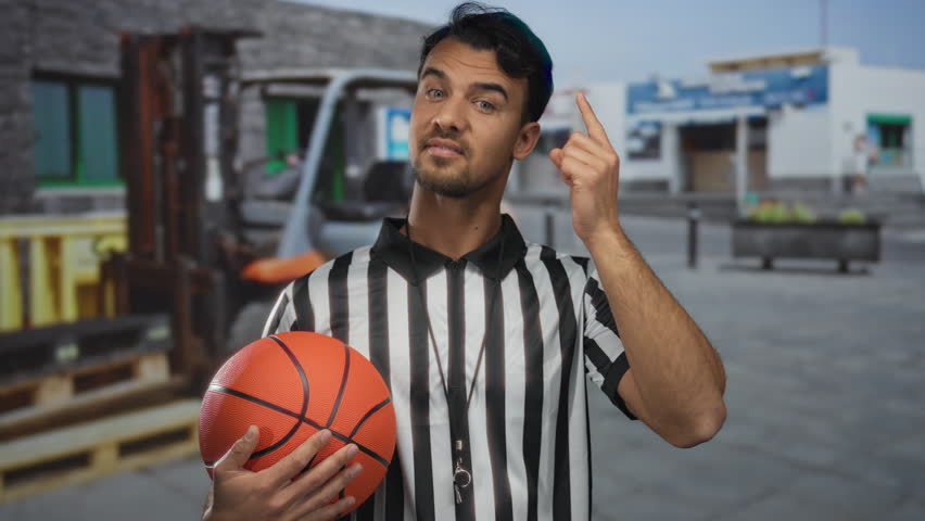 Young man, wearing referee uniform, holds basketball at construction site, displaying pensive expression, creating intriguing juxtaposition of sports and industrial environment.