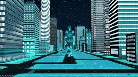 Futuristic cyberpunk city scene with neon lights and a humanoid robot walking through digital streets, symbolizing artificial intelligence and advanced urban technology. - Powered by Shutterstock - Get 15% off with code: PIKWIZARD15